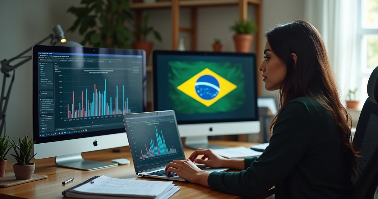 Pessoa analisando gráfico de resultado eleitoral em notebook 