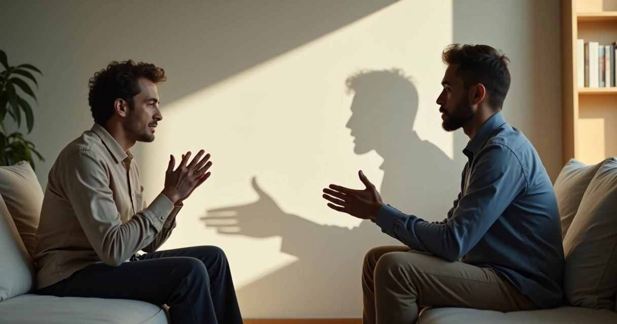 Duas pessoas conversando com sombra projetada divergente ao fundo 