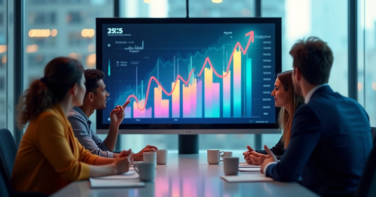 Equipe financeira apresentando projeção de crescimento em tela interativa 