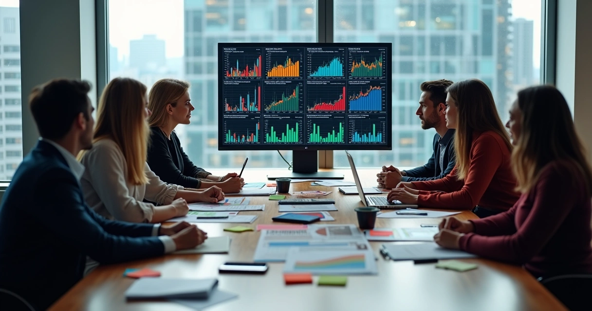Equipe reunida analisando gráficos financeiros atualizados em tempo real. 