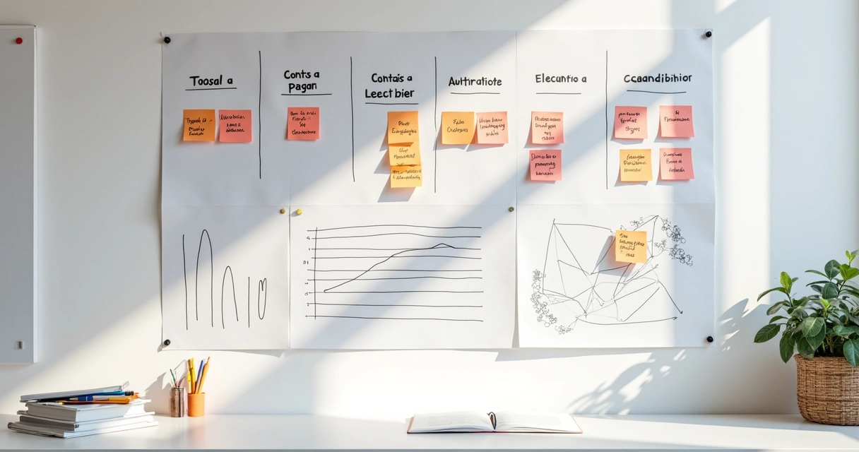 Projeção financeira em mural com cartões coloridos e gráficos desenhados a mão 