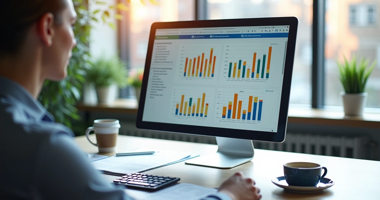 Projeção financeira em tela de computador com gráficos coloridos 