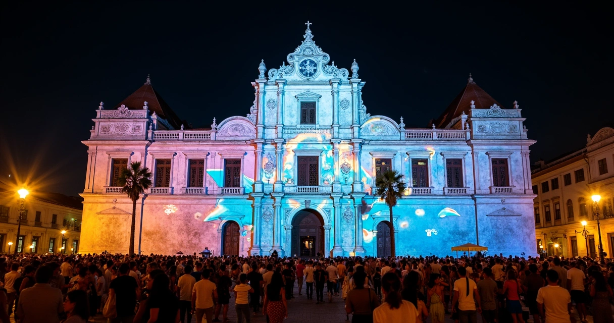 Projeções coloridas em prédio antigo no Recife 