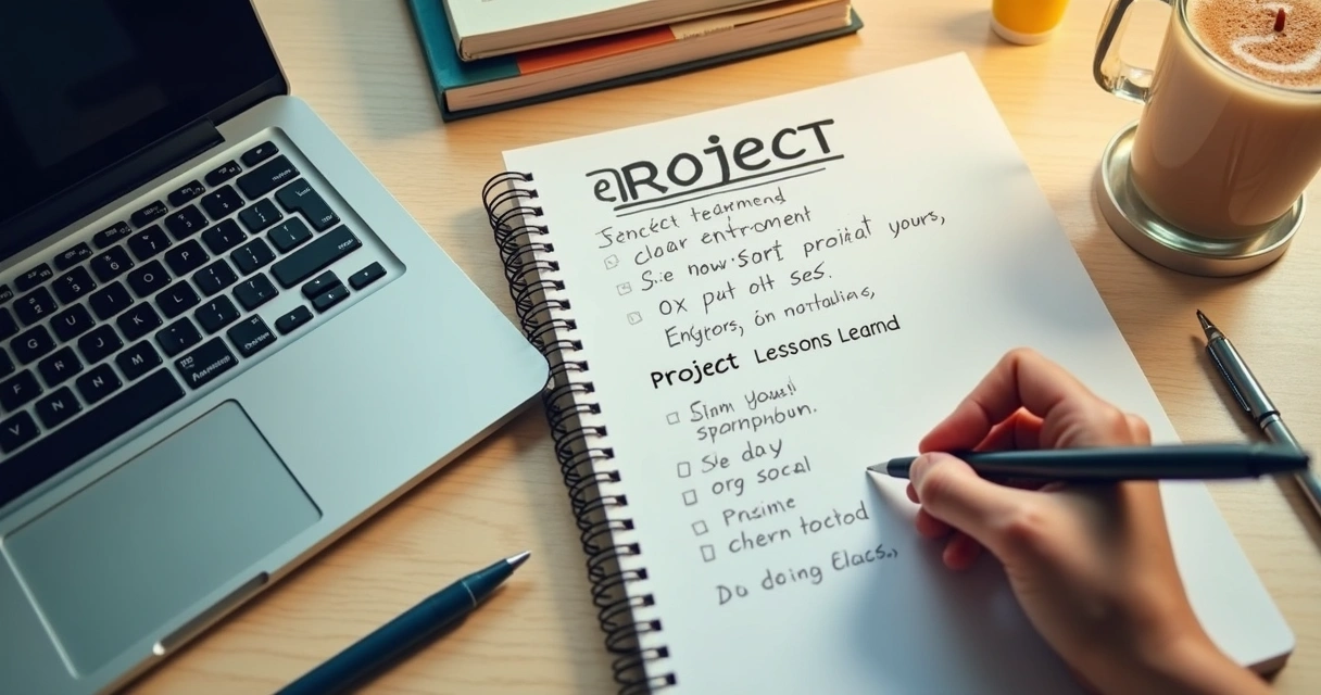 Notebook with project lessons learned and closing checklist on a desk 