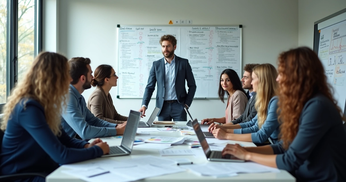 Team reviewing a project checklist on a whiteboard 