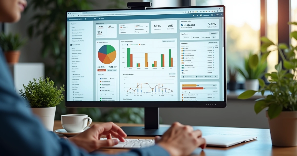 Web project management dashboard on a large screen with tasks and progress bars 
