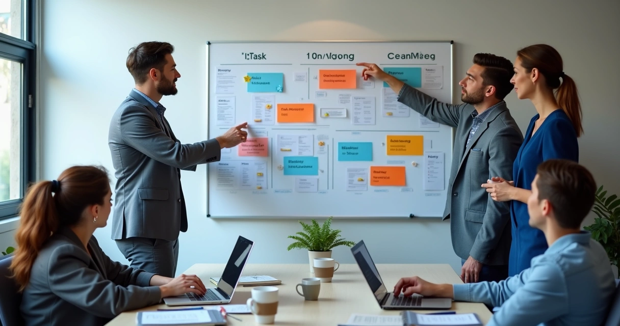 Team reviewing priorities on a project board in a meeting room