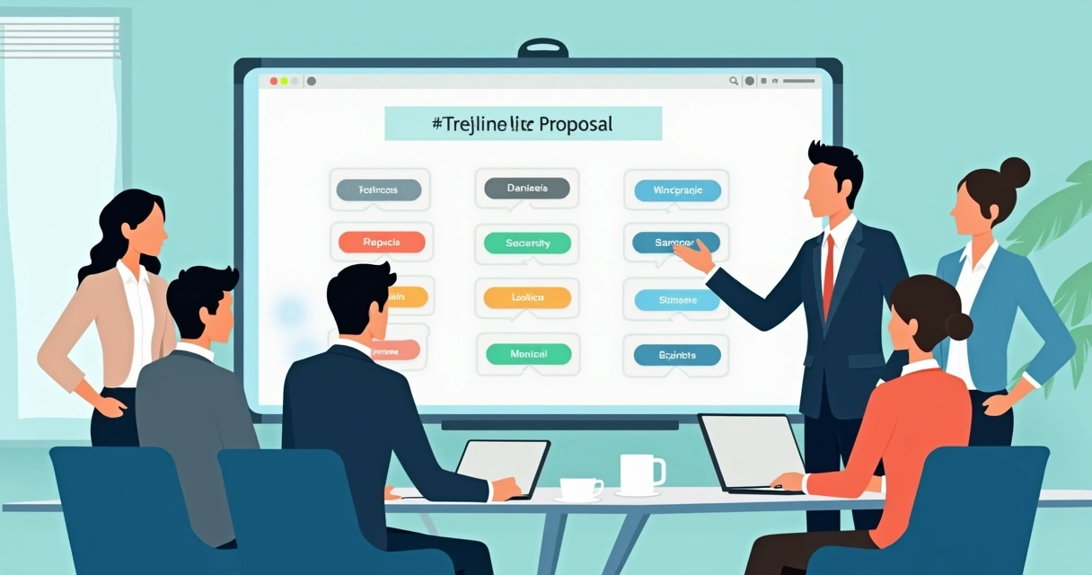 Team reviewing project proposal structure on digital whiteboard