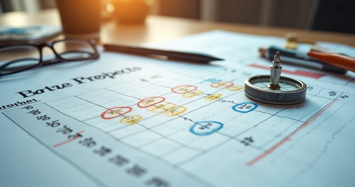 Compass over project plan and marked priorities 
