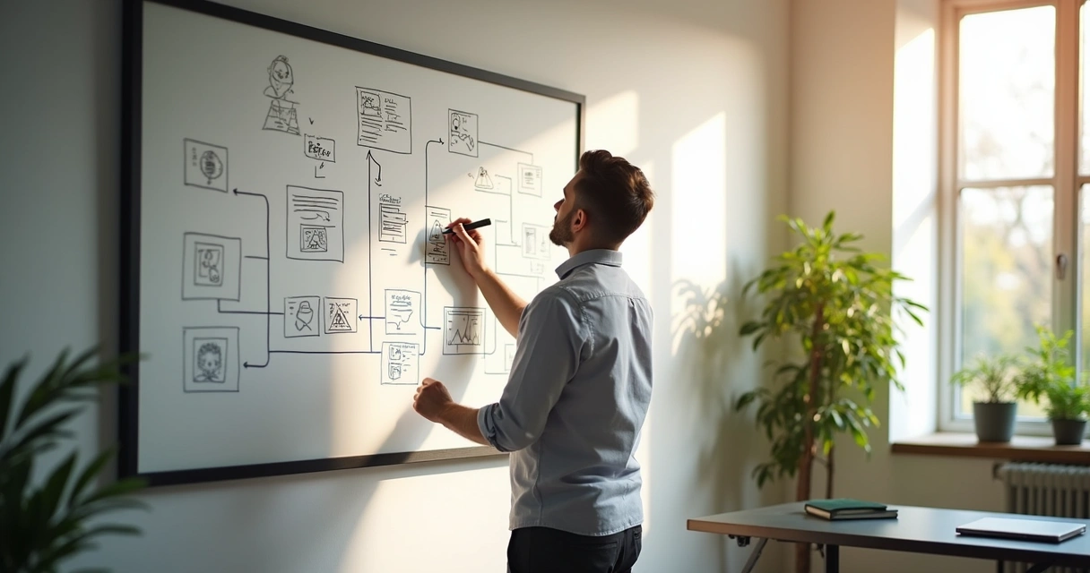 Developer drawing a project roadmap on a whiteboard