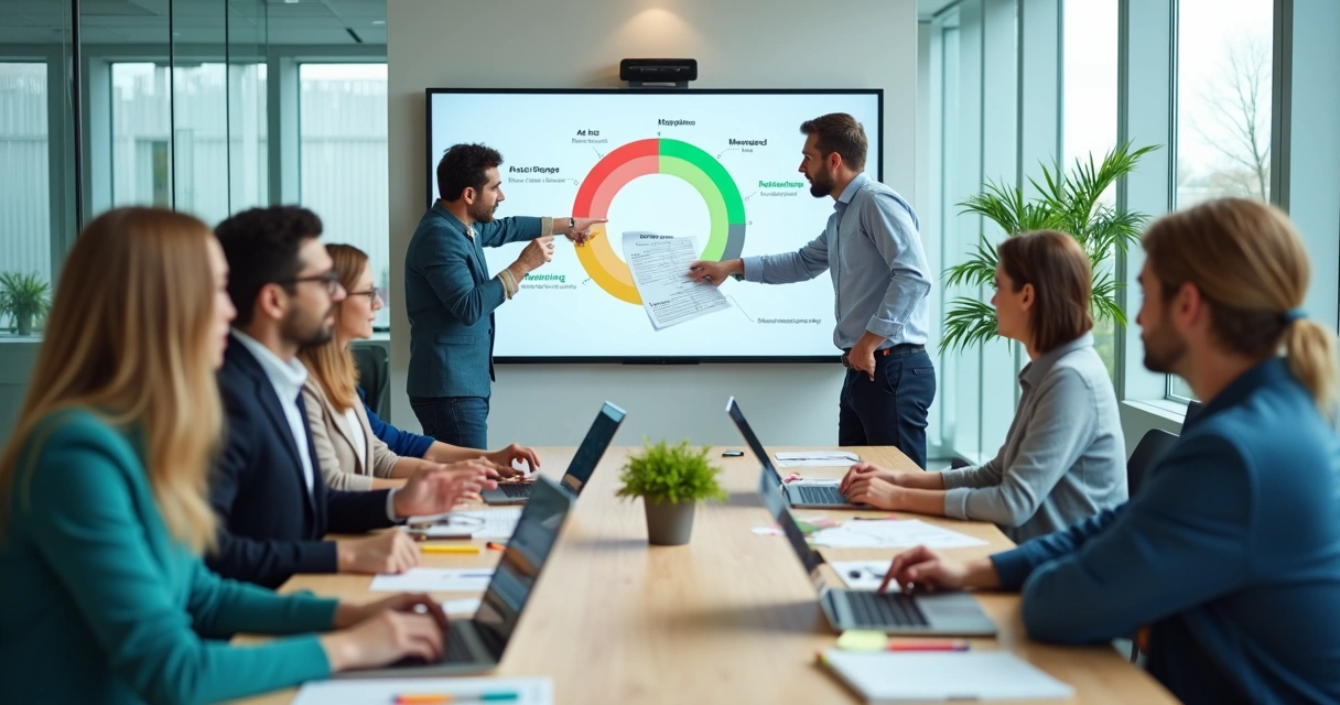 Diverse project team in meeting room viewing shared maturity score on digital dashboard 