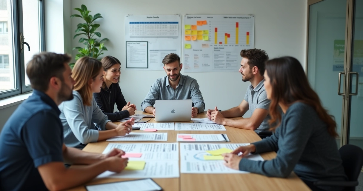 Project team reviewing tasks in a bright meeting room 