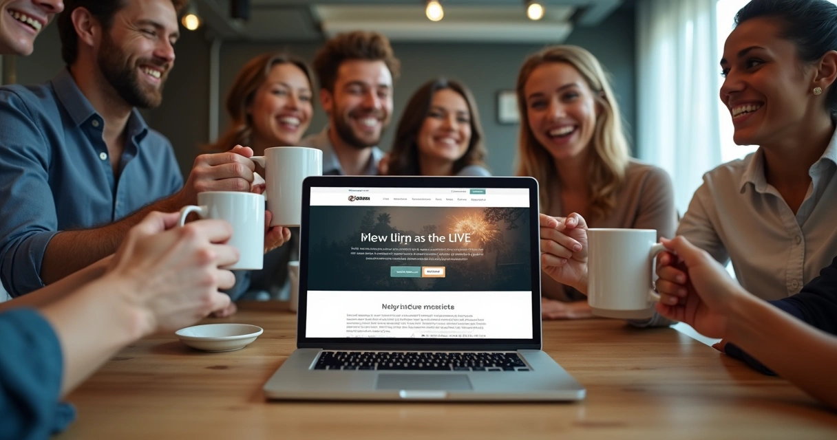 Success celebration after a web project launch with team and client 