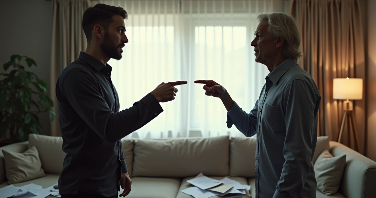 Two people arguing, each pointing at the other