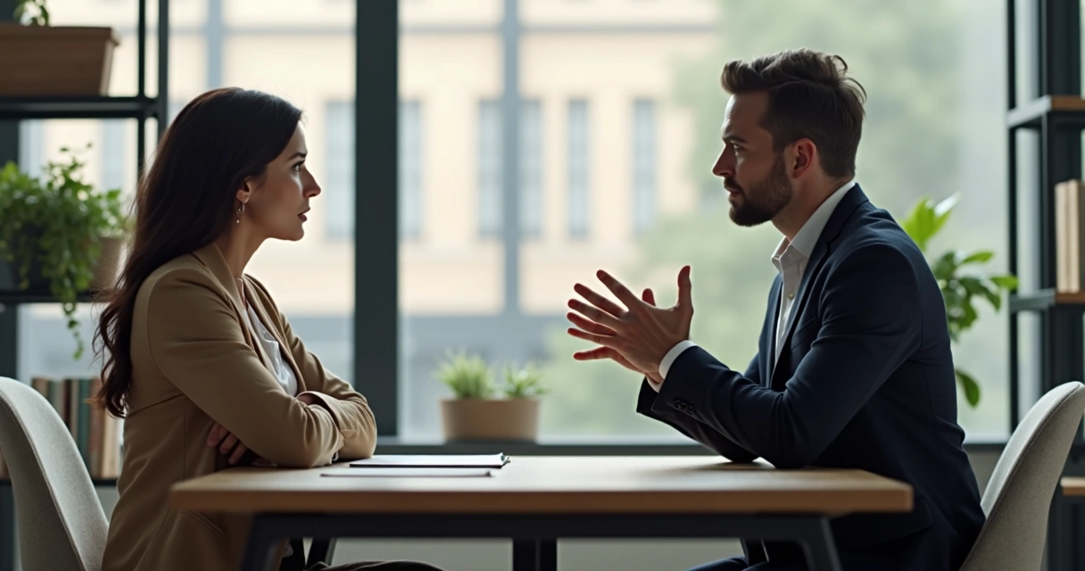 Two people talking at an office desk, one looking defensive