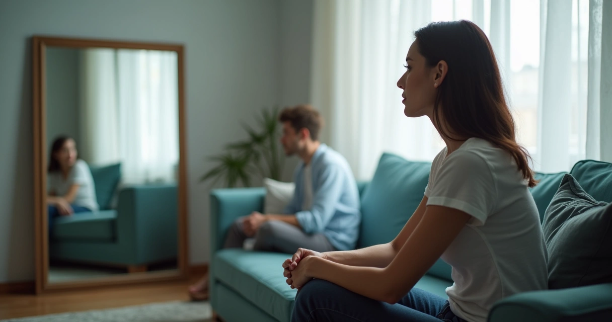 Woman facing her reflection with partner blurred in the background 