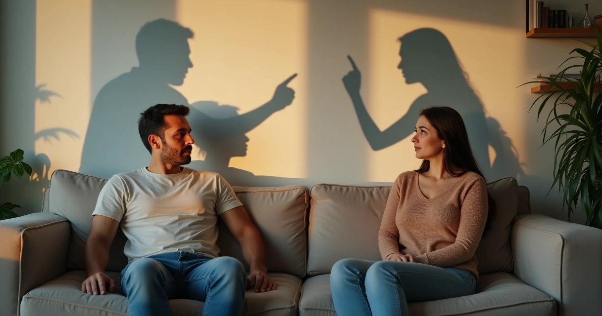 Man and woman facing each other with their shadows arguing on the wall 