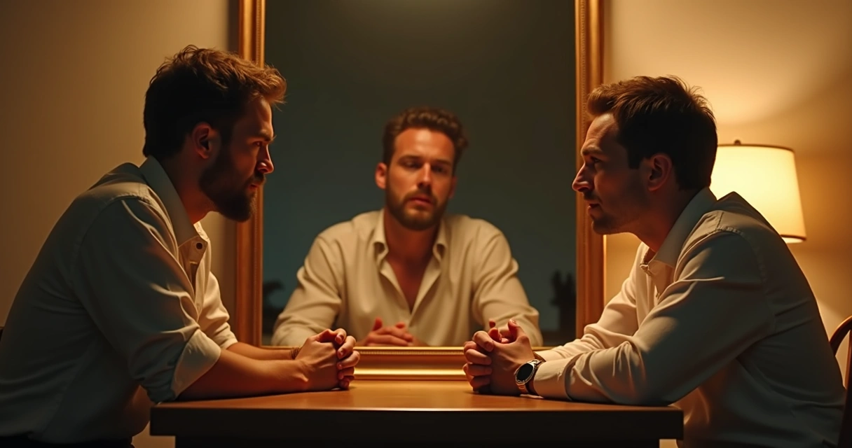 Two people in conflict with a large mirror between them 