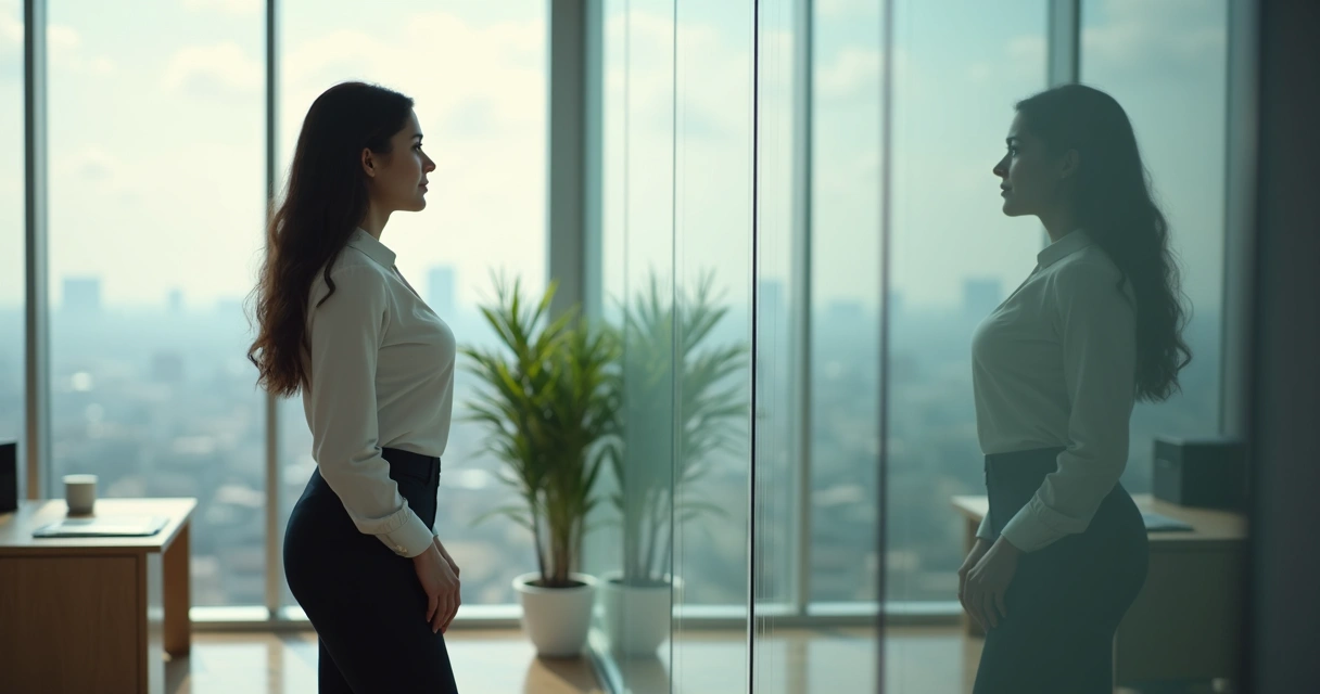 Woman looking into an office mirror with a distorted self-image reflection
