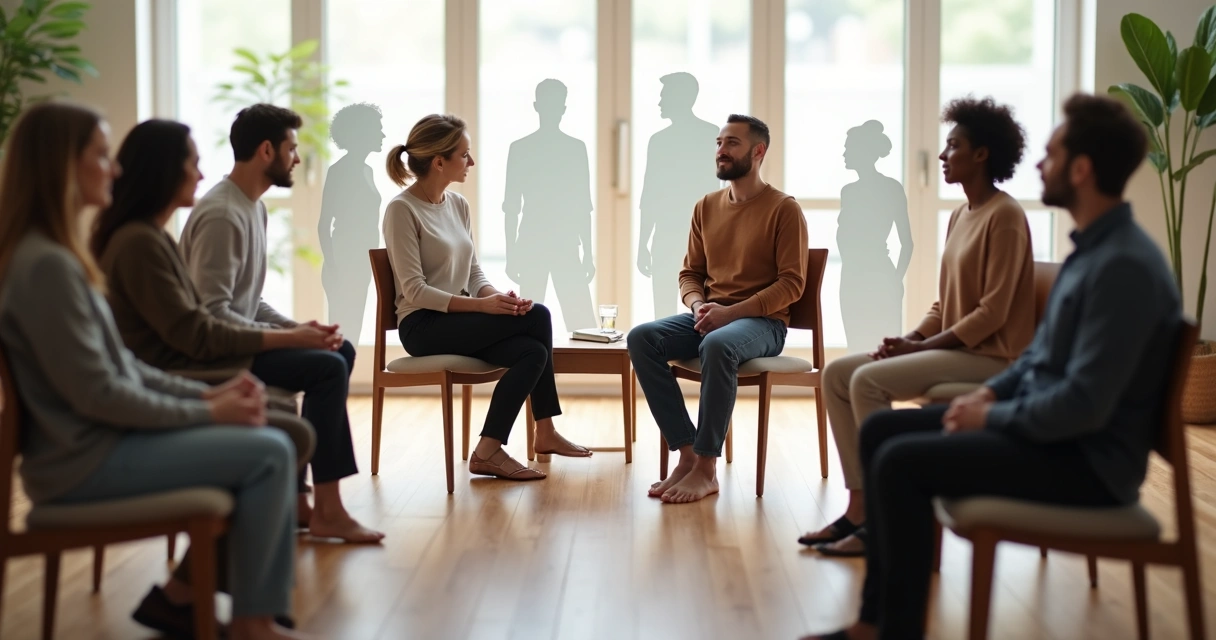 Facilitator and group seated in a circle with overlapping translucent silhouettes between them 