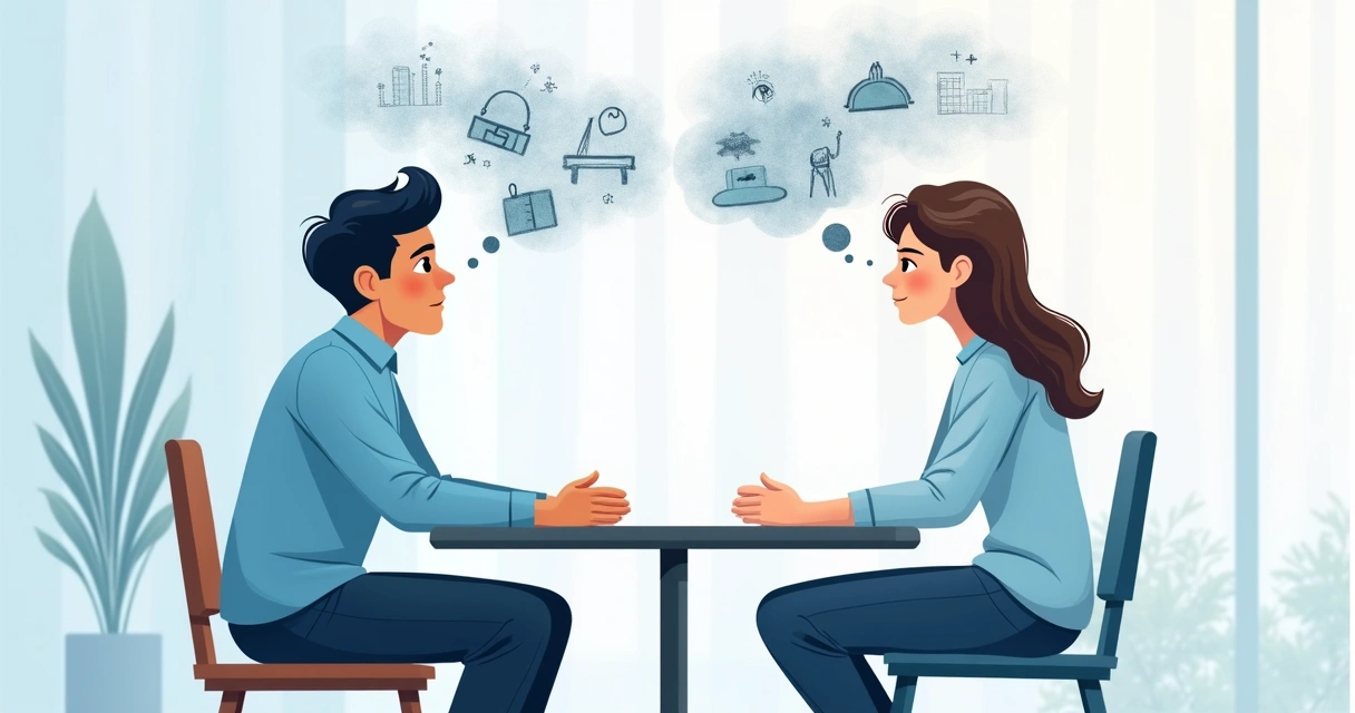 Two people facing each other with silhouettes showing thought clouds crossing between them 