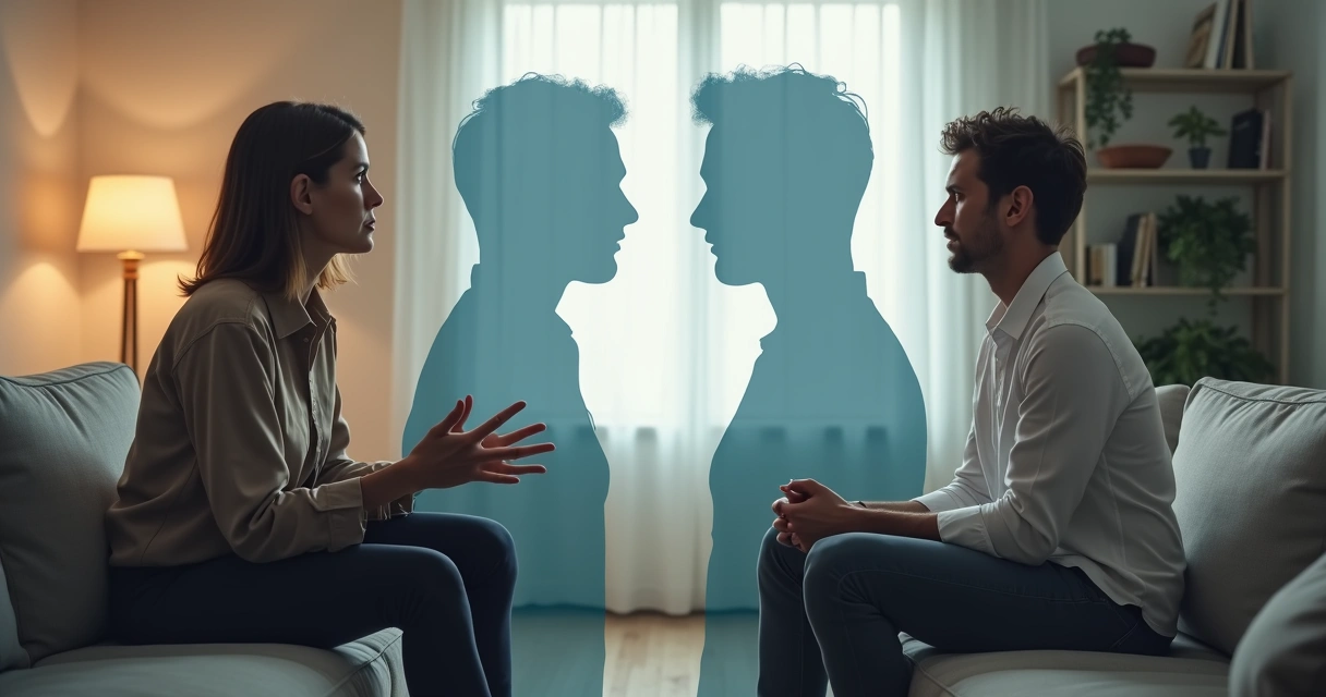 Two people facing each other with overlapping shadow silhouettes between them 