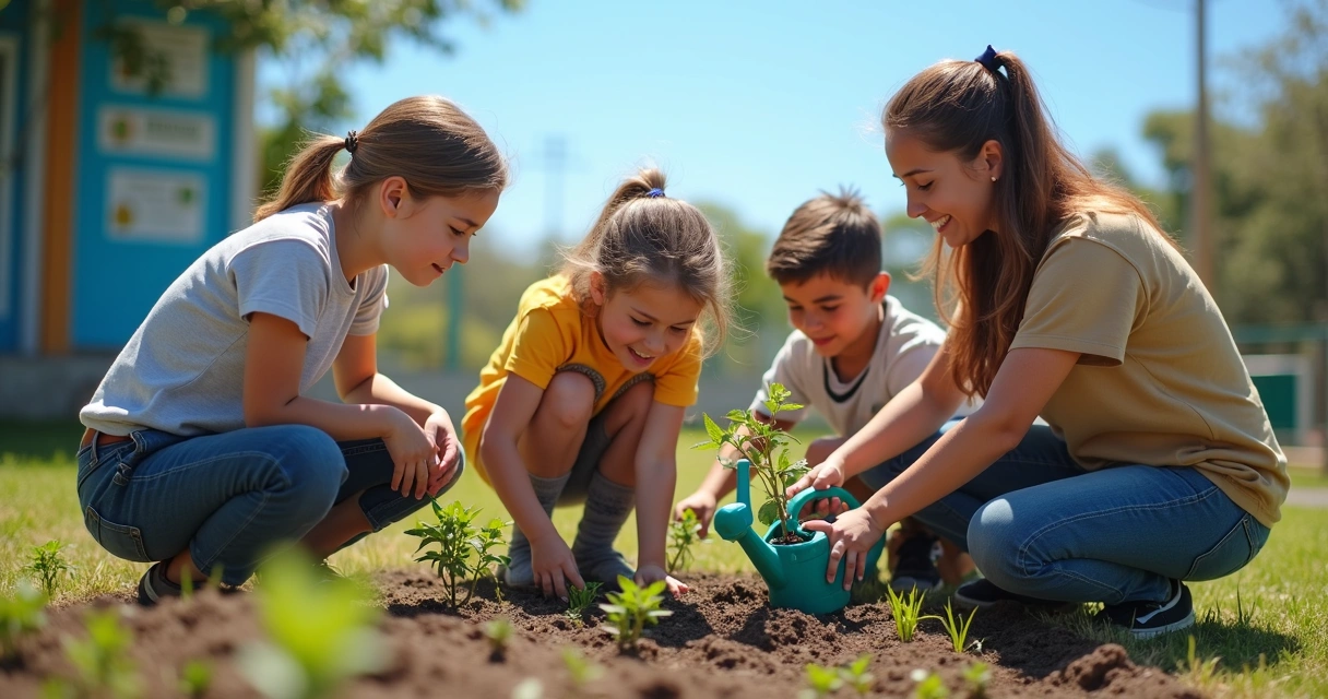 Alunos em atividade ao ar livre plantando árvores 