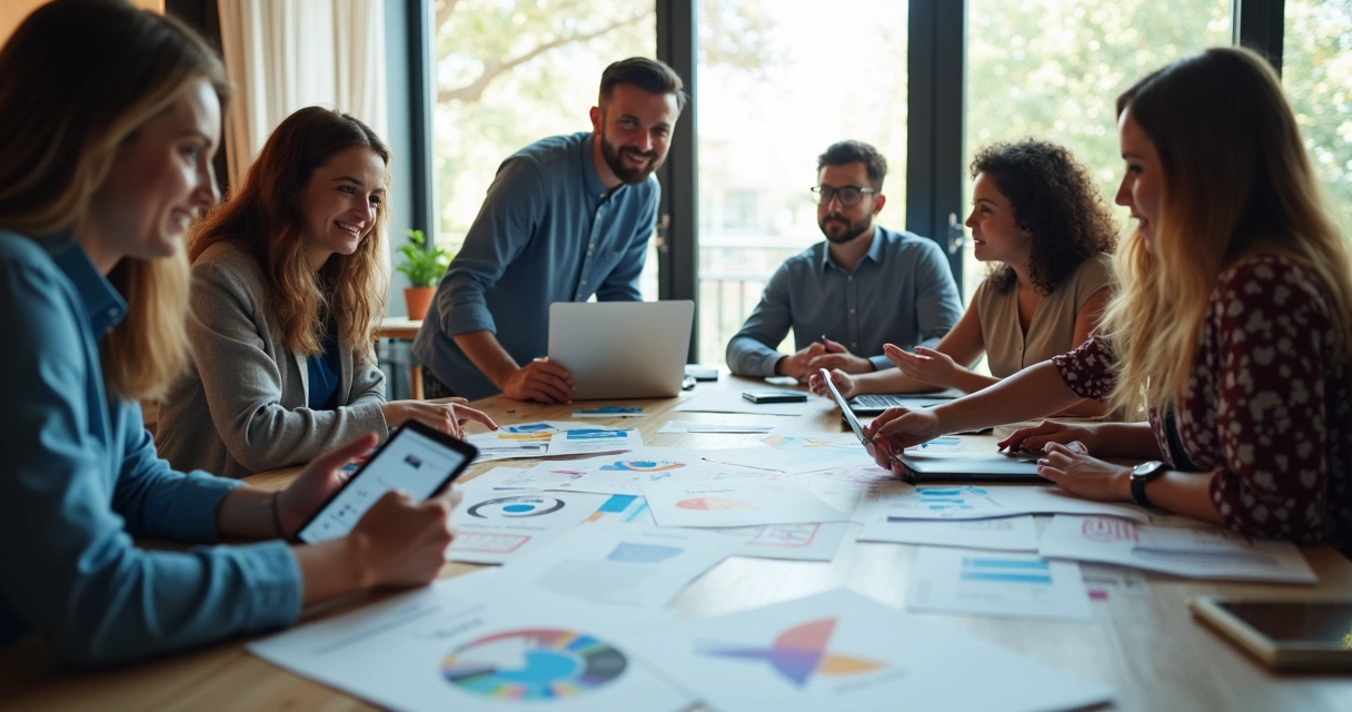 Equipe trabalhando em projeto colaborativo com gráficos e anotações 