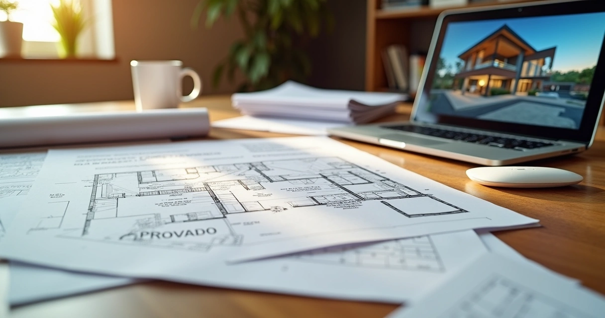 Mesa com documentos de projeto arquitetônico, carimbos e planta baixa 