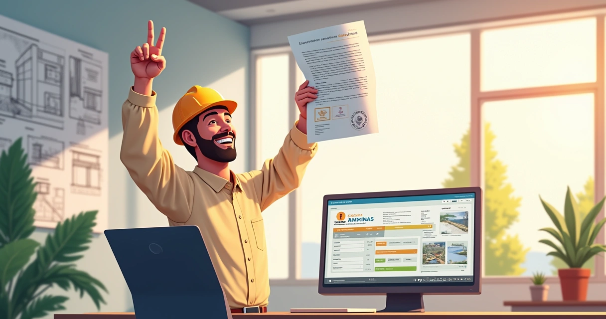 Arquiteto comemorando aprovação de projeto em Campinas com alvará em mãos 