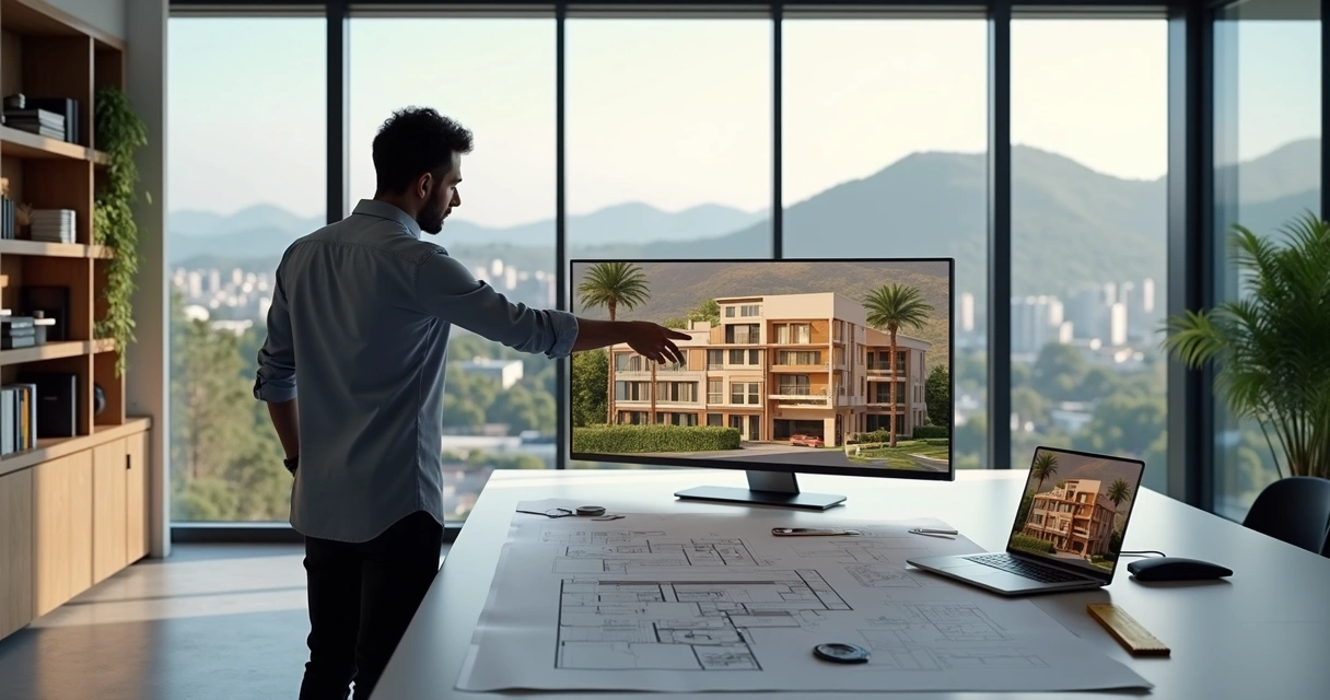 Arquiteto analisando planta digital com prédio residencial moderno ao fundo 