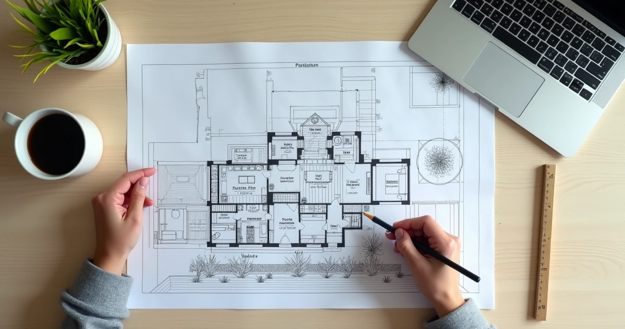 Planta baixa detalhada de uma casa moderna, vista em cima de uma mesa de escritório com lápis, régua e computador 