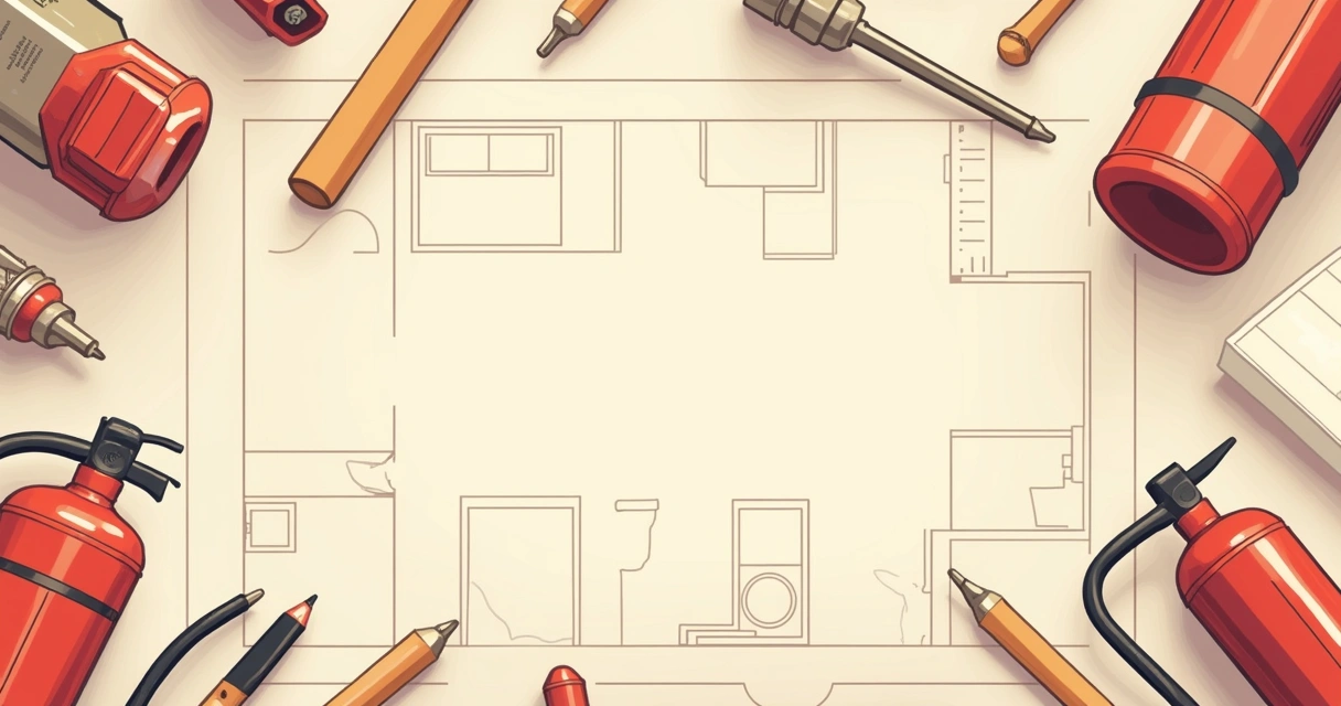 Planta arquitetônica simples com destaque em dispositivos de prevenção de incêndio