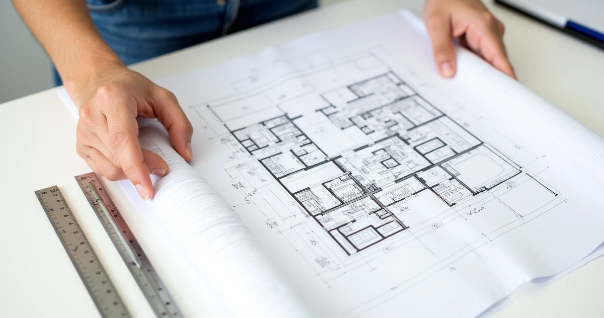 Pessoa segurando projeto arquitetônico aberto, mostrando plantas 