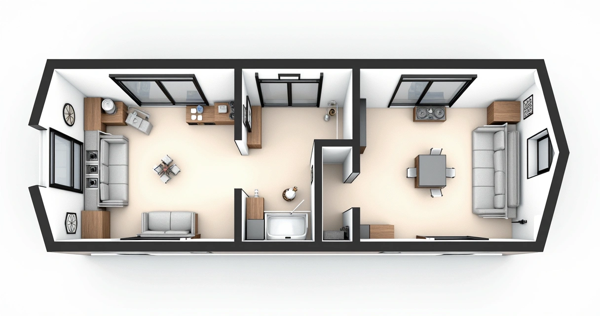 Desenho arquitetônico de kitnet compacta com móveis planejados 