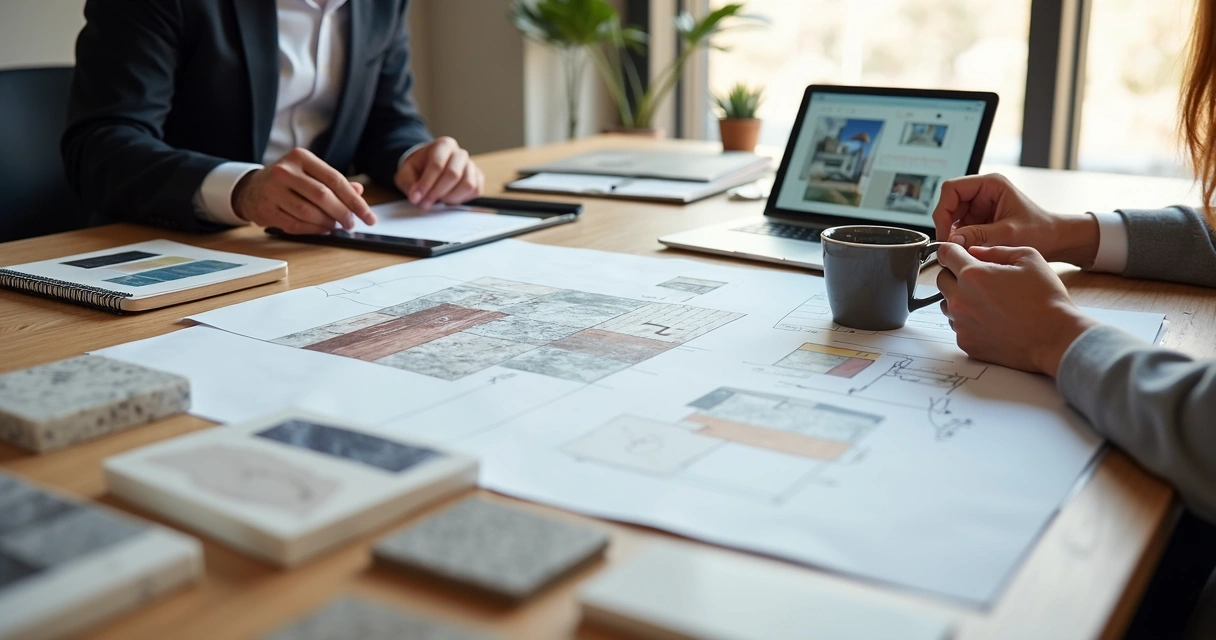 Mesa com plantas de projeto de arquitetura e materiais de amostra. 