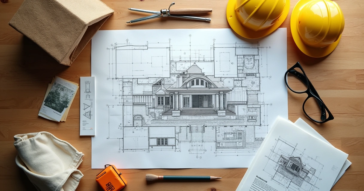 Projeto arquitetônico mostrado sobre mesa de madeira com miniatura de casa ao lado. 