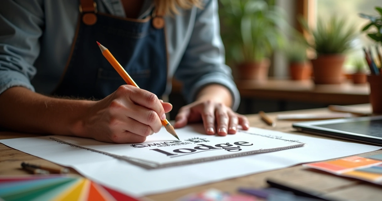 Designer criando manual da marca à mão em estúdio 