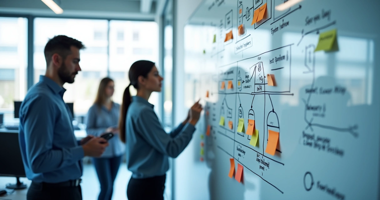 Quadro branco com fluxos de um projeto de automação de testes. 