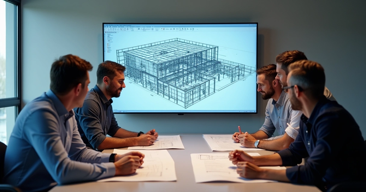 Equipe trabalha em tela com modelo 3D BIM de construção 