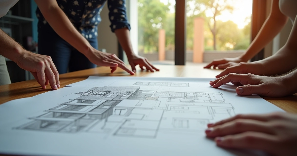 Desenho arquitetônico de casa financiada sendo analisado por família 