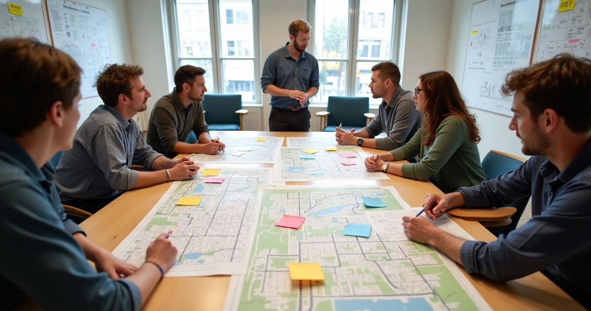 Reunião de moradores e engenheiros analisando plano de ciclovia em sala comunitária