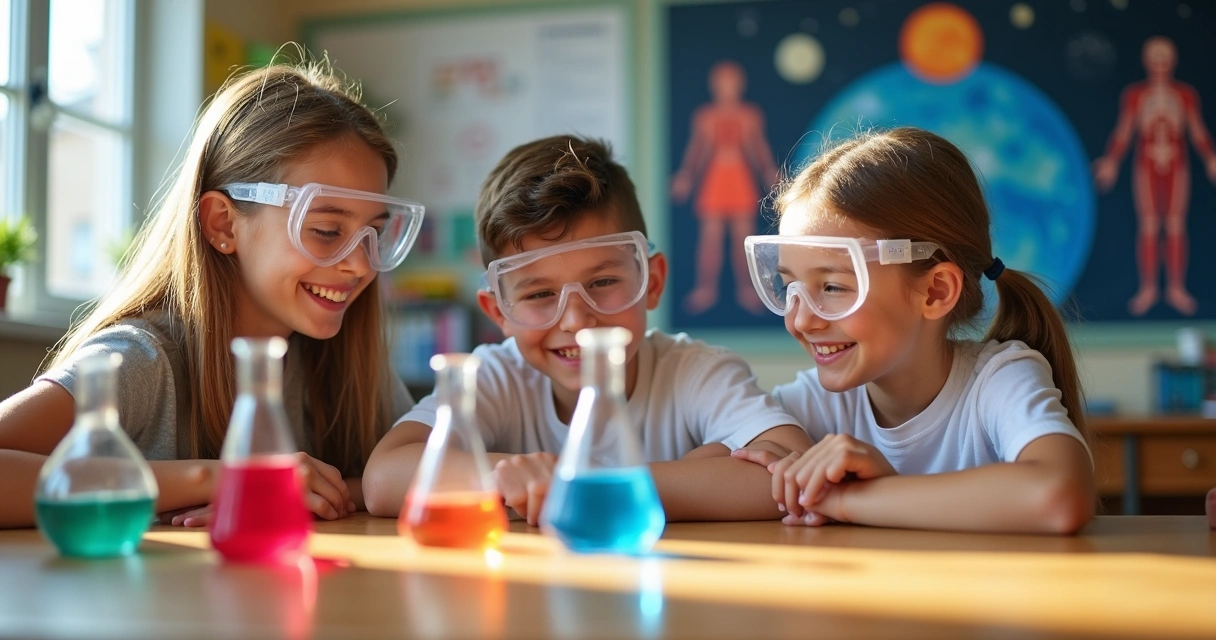 Alunos realizando experimento científico em sala de aula 