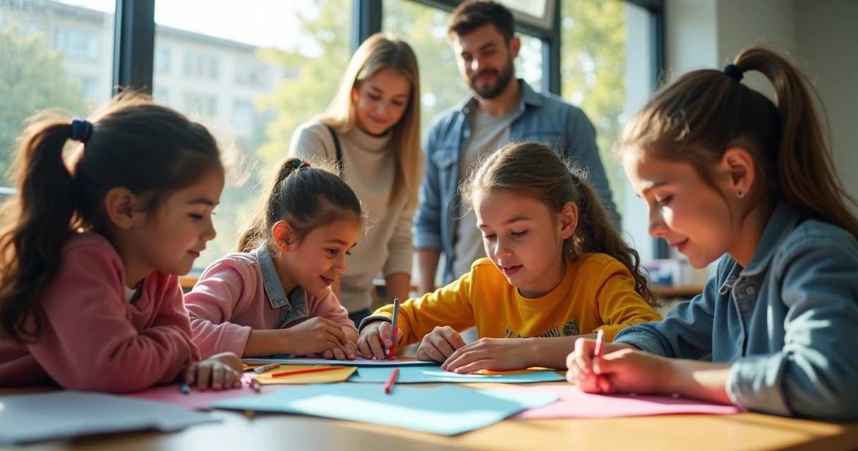 Alunos de diferentes idades colaborando em projeto escolar
