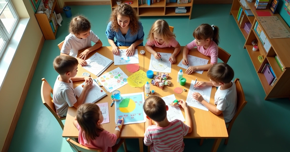 Estudantes fazendo projeto coletivo com cartazes e materiais recicláveis 
