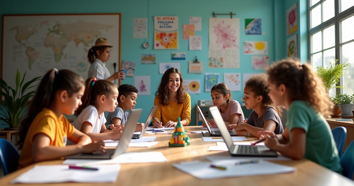 Alunos desenvolvendo projeto coletivo em escola com materiais diversos 