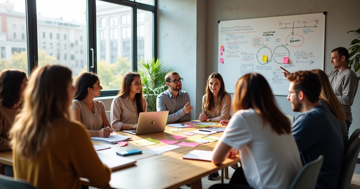 Grupo diverso de pessoas em círculo colaborando em projeto coletivo 
