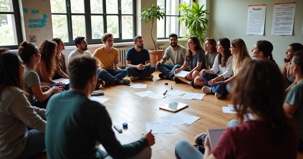 Grupo de pessoas reunidas discutindo ideias em círculo