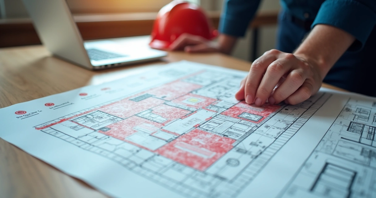 Engenheiro analisando projeto técnico com plantas de combate a incêndio numa mesa 