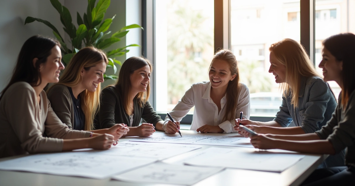 Equipe analisando plantas de construção de prédio em escritório moderno 